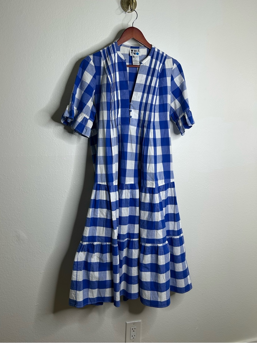 Anthropologie Whit Two 100% Cotton Tiered Blue Gingham Short Sleeve Midi Dress